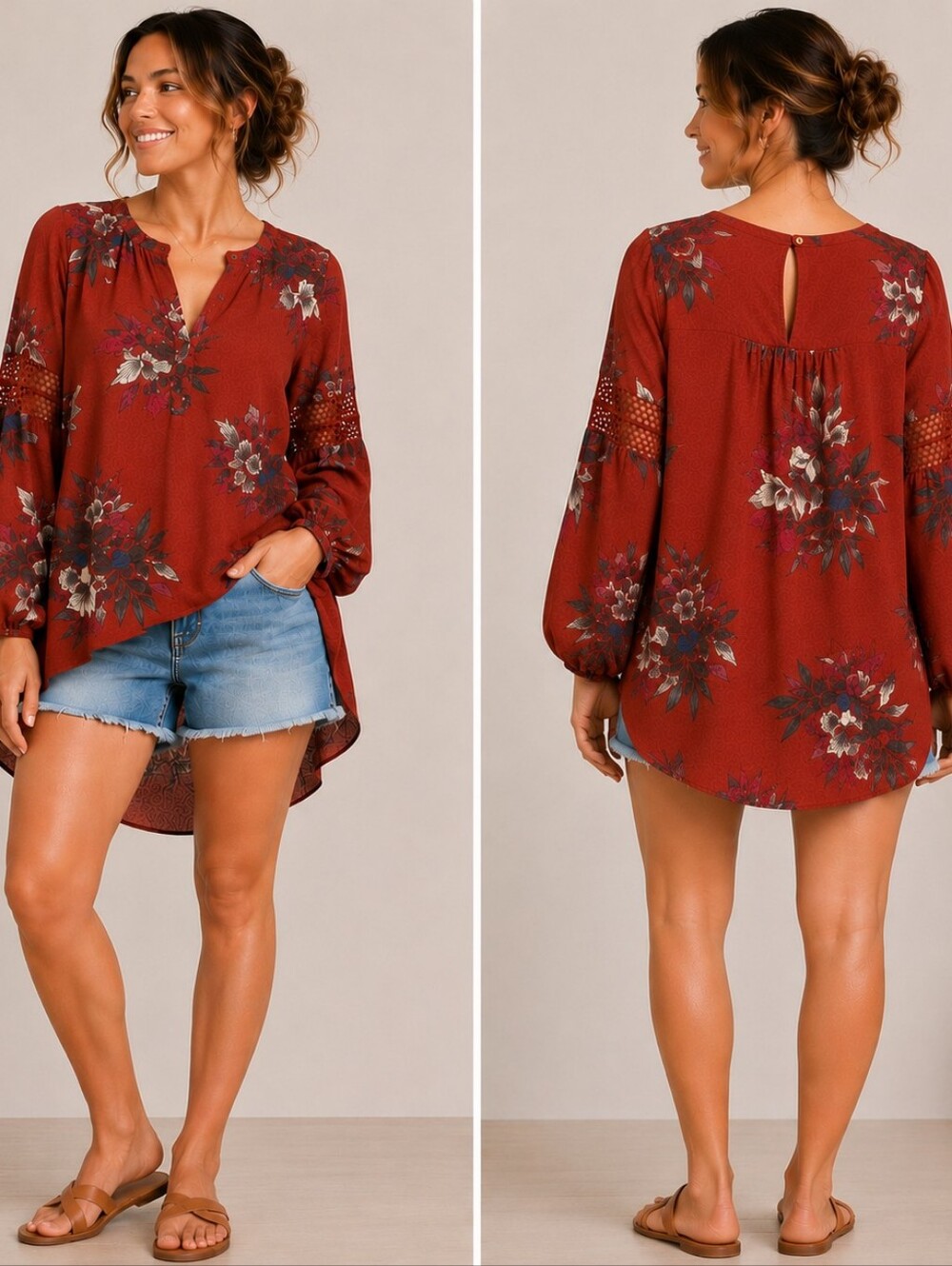 A-216 Free People Rust Floral High-Low Boho Swing Tunic Top Crochet Sleeve XS